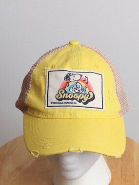 Snoopy Peanuts Hat Womens OS Yellow Distressed Snapback